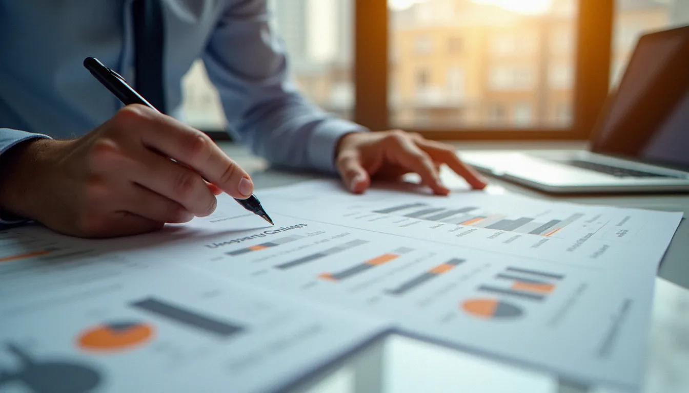 Professionnel de l'immobilier analysant un rapport d'estimation de prix pour une maison à vendre, documents étalés sur un bureau moderne
