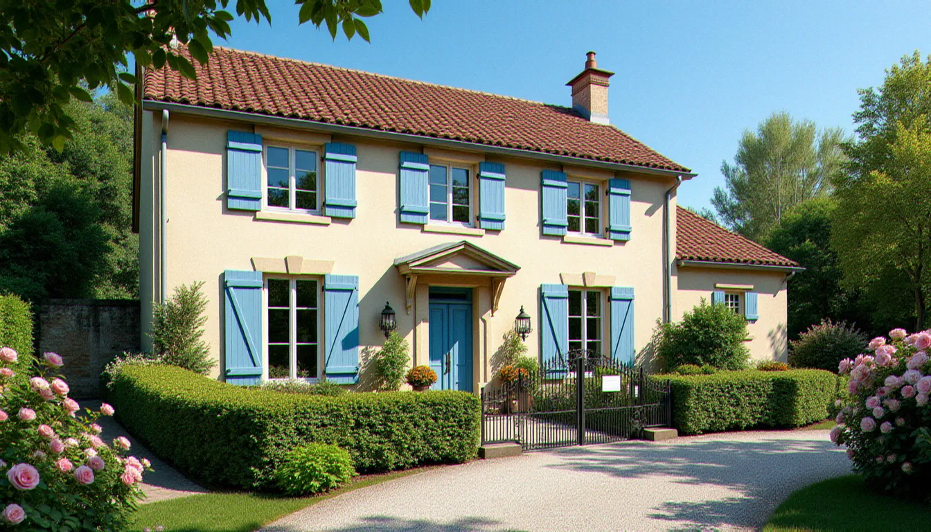 Façade d'une maison à vendre en pierre calcaire avec volets bleus et jardin soigné, panneau À vendre visible sur le portail