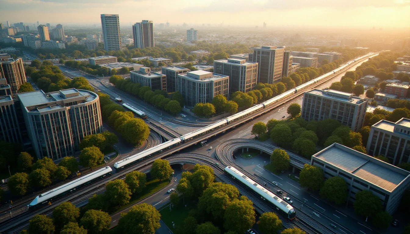 Vue aérienne du quartier d'affaires de Noisy-le-Grand avec ses immeubles de bureaux et sa gare RER, illustrant le dynamisme économique local