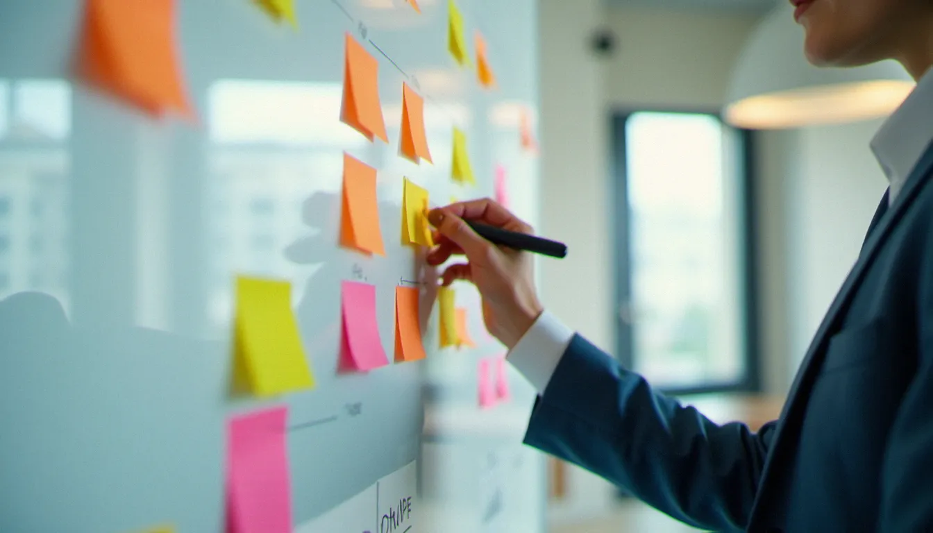 Consultant structurant des processus organisationnels sur un tableau blanc, illustrant la méthodologie de gestion étape par étape pour une entreprise de Noisy-le-Grand