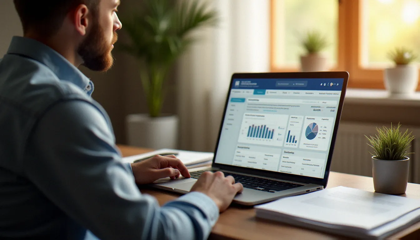 Propriétaire bailleur organisant la gestion structurée de ses biens locatifs depuis son bureau à domicile avec un logiciel de gestion sur ordinateur portable