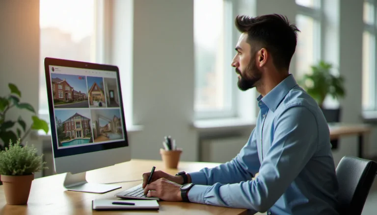 Consultant immobilier analysant des annonces ouest france immo sur un écran d'ordinateur dans un bureau lumineux et organisé