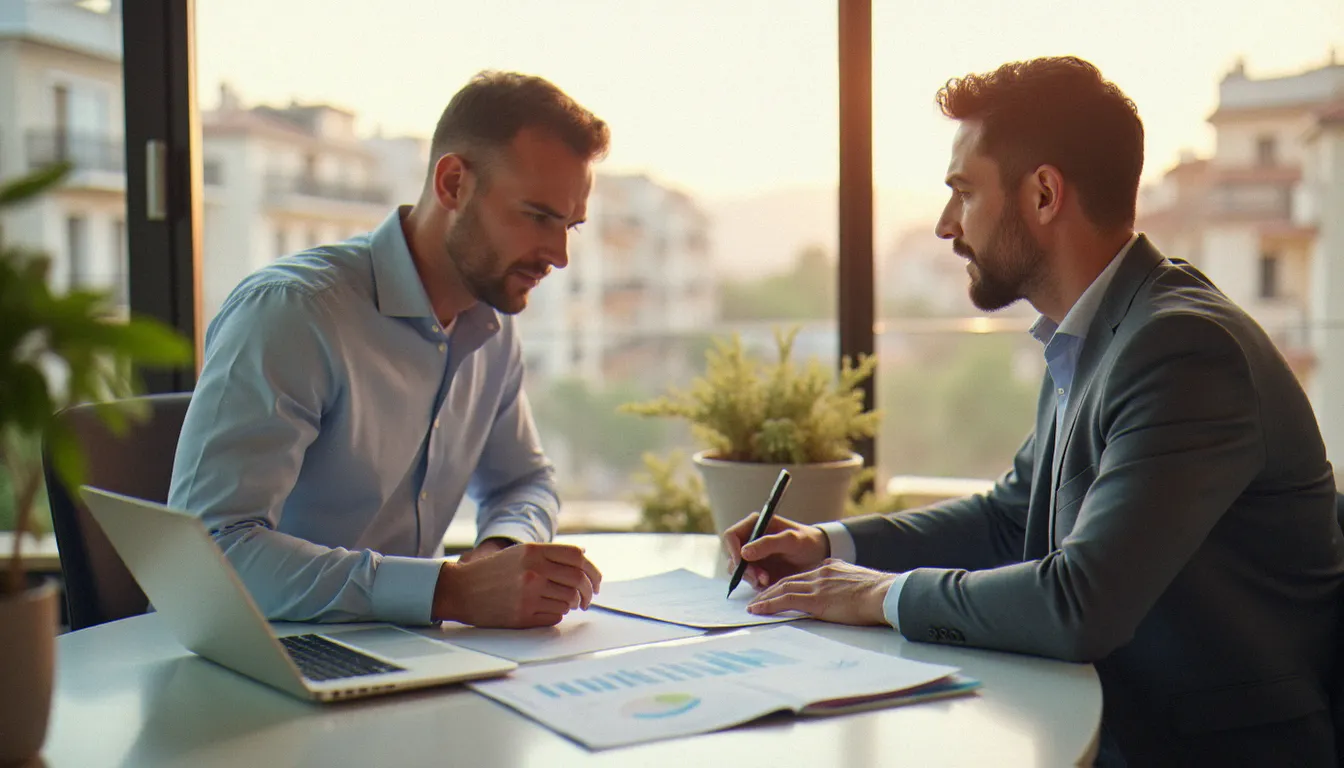 Gestionnaire immobilier et propriétaire examinant un contrat de gestion locative en agence, illustration des composantes du prix gestion locative agence