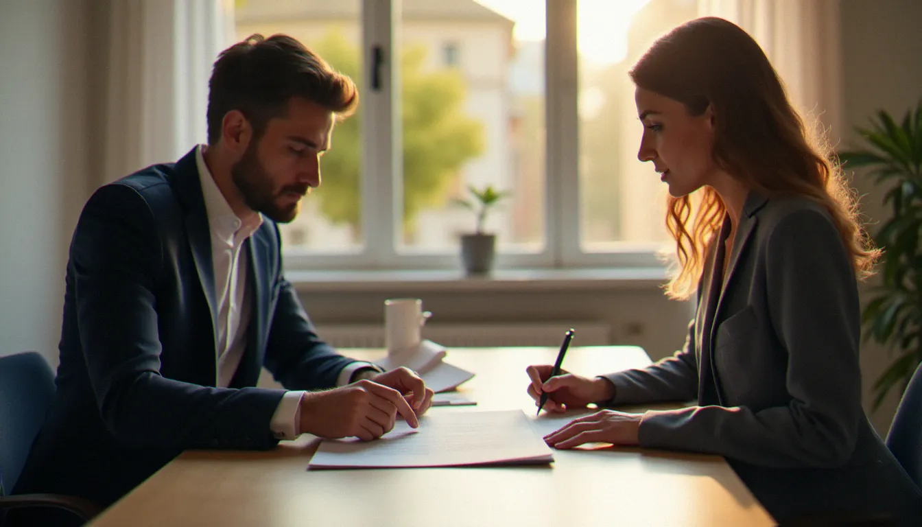 Deux professionnels de l'immobilier examinant ensemble les prestations incluses dans un contrat de mandat de gestion locative lors d'un rendez-vous en agence