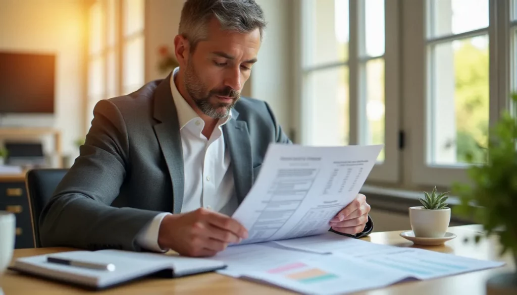 Consultant immobilier analysant les documents de prix de