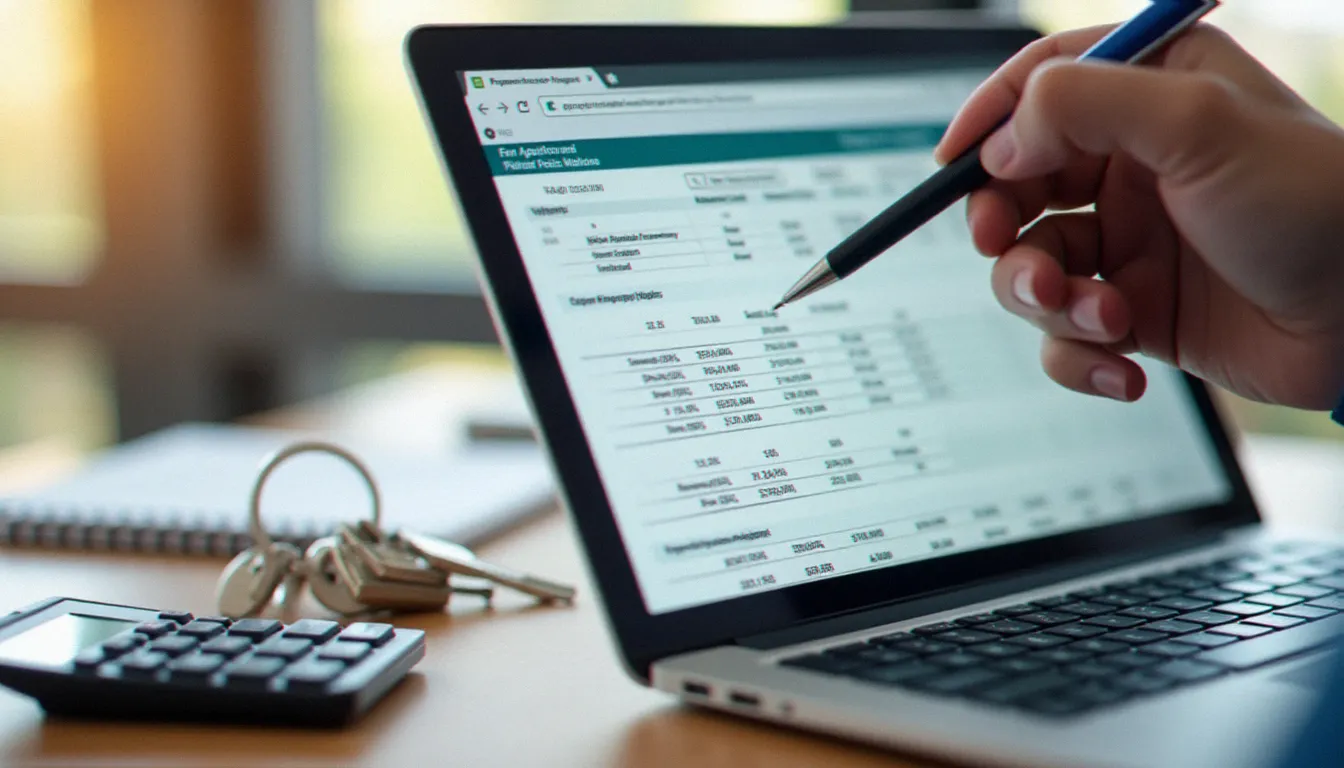 Tableau comparatif des tarifs de gestion locative affiché sur un écran d'ordinateur portable avec une main annotant les honoraires et frais détaillés
