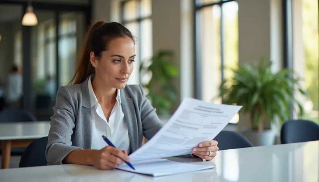 Gestionnaire locatif analysant un contrat de gestion incluant