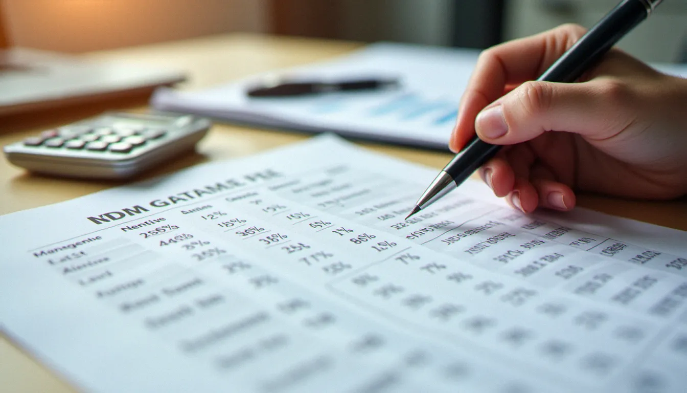 Tableau comparatif des tarifs de gestion locative posé sur un bureau professionnel avec une main pointant les chiffres clés du marché