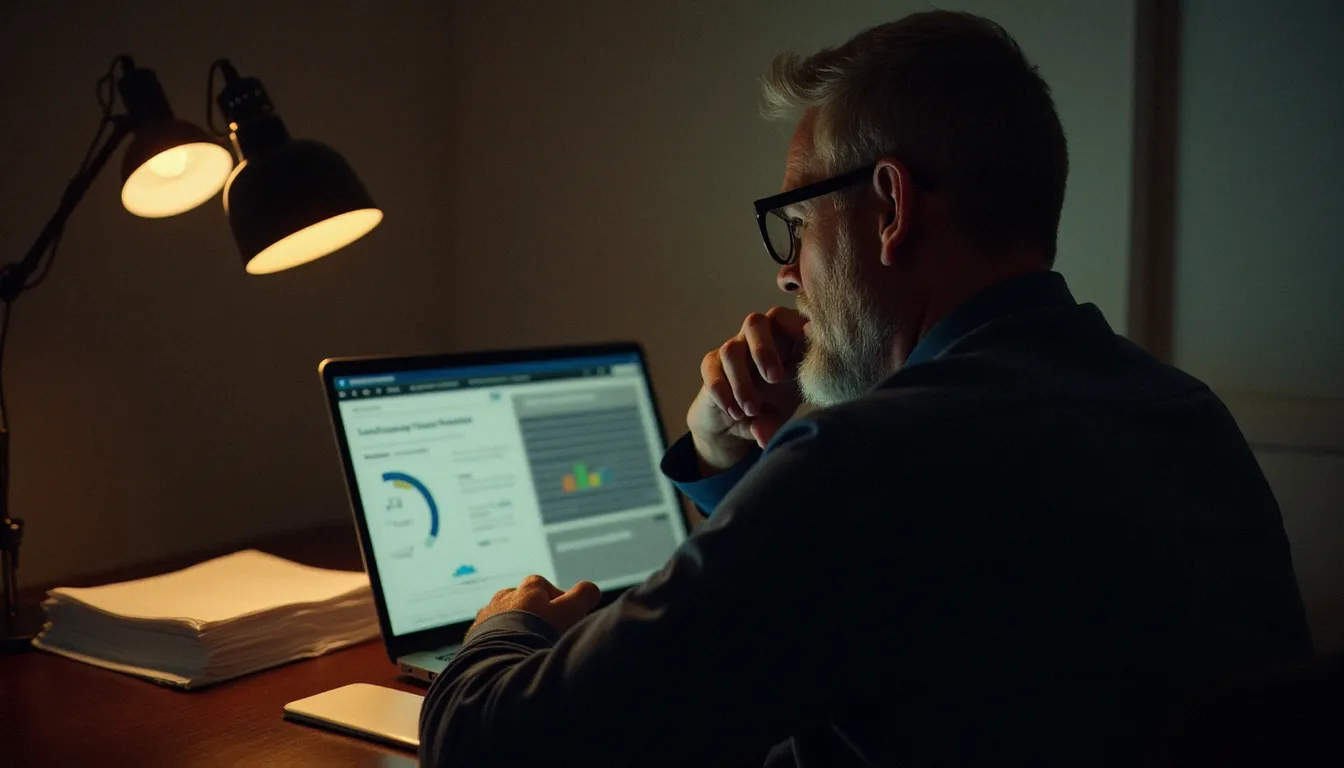 Propriétaire bailleur analysant en soirée un bilan de gestion locative sur son ordinateur portable, évaluant la qualité et les coûts réels de son gestionnaire