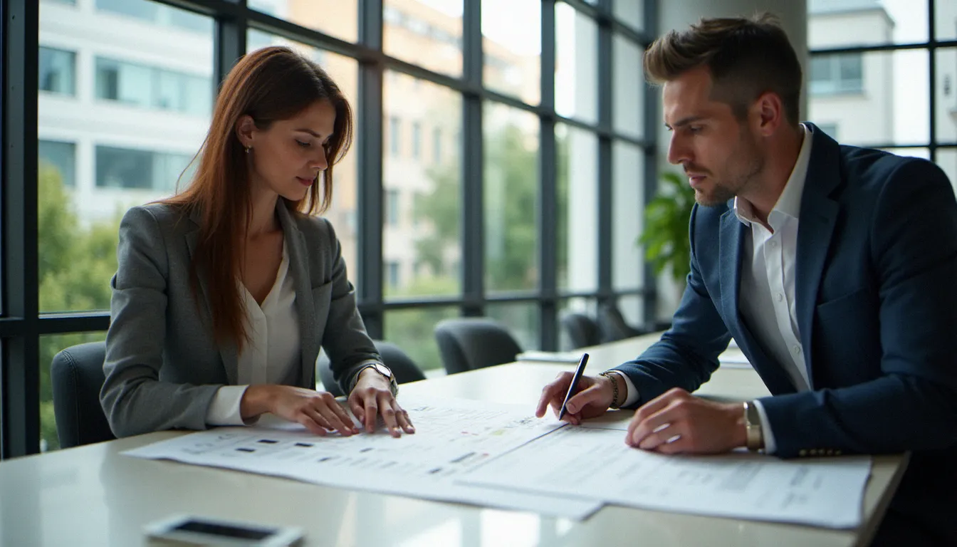 Deux professionnels en réunion comparant les options d'organisation interne et d'externalisation pour la gestion des réseaux sociaux dans un bureau moderne lumineux