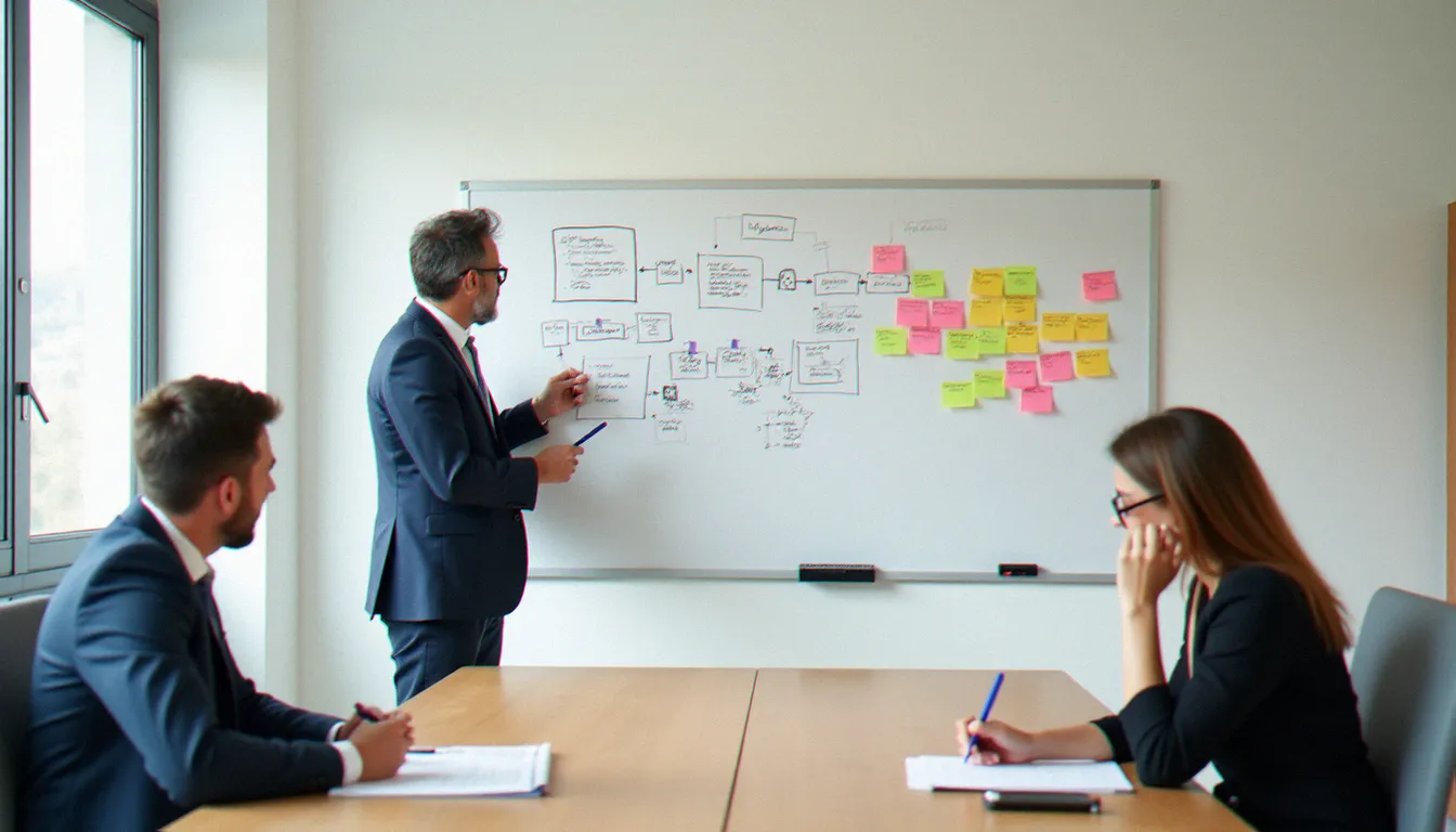 Professionnel cartographiant des processus organisationnels sur un tableau blanc lors d'un atelier de diagnostic interne en entreprise