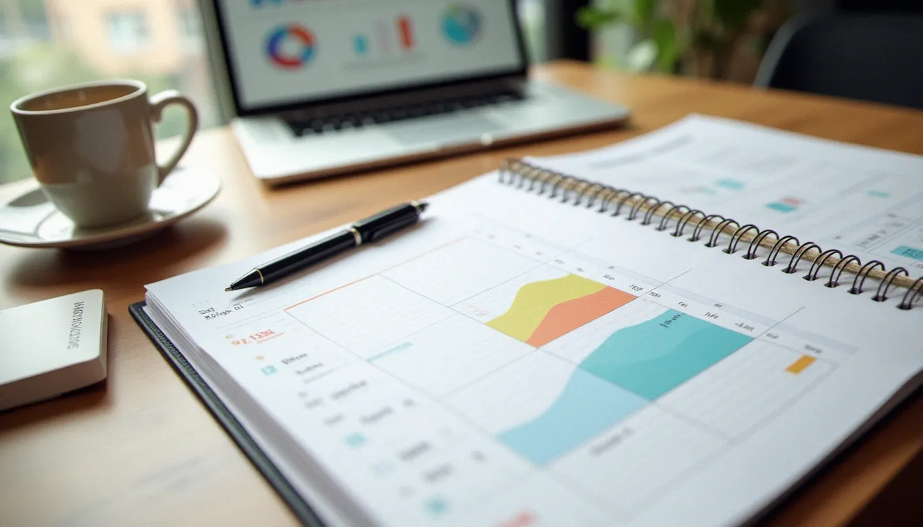 Bureau de consultant organisé avec agenda annuel structuré, tableau de bord numérique et notes de planification pour la gestion d'une activité professionnelle saisonnière