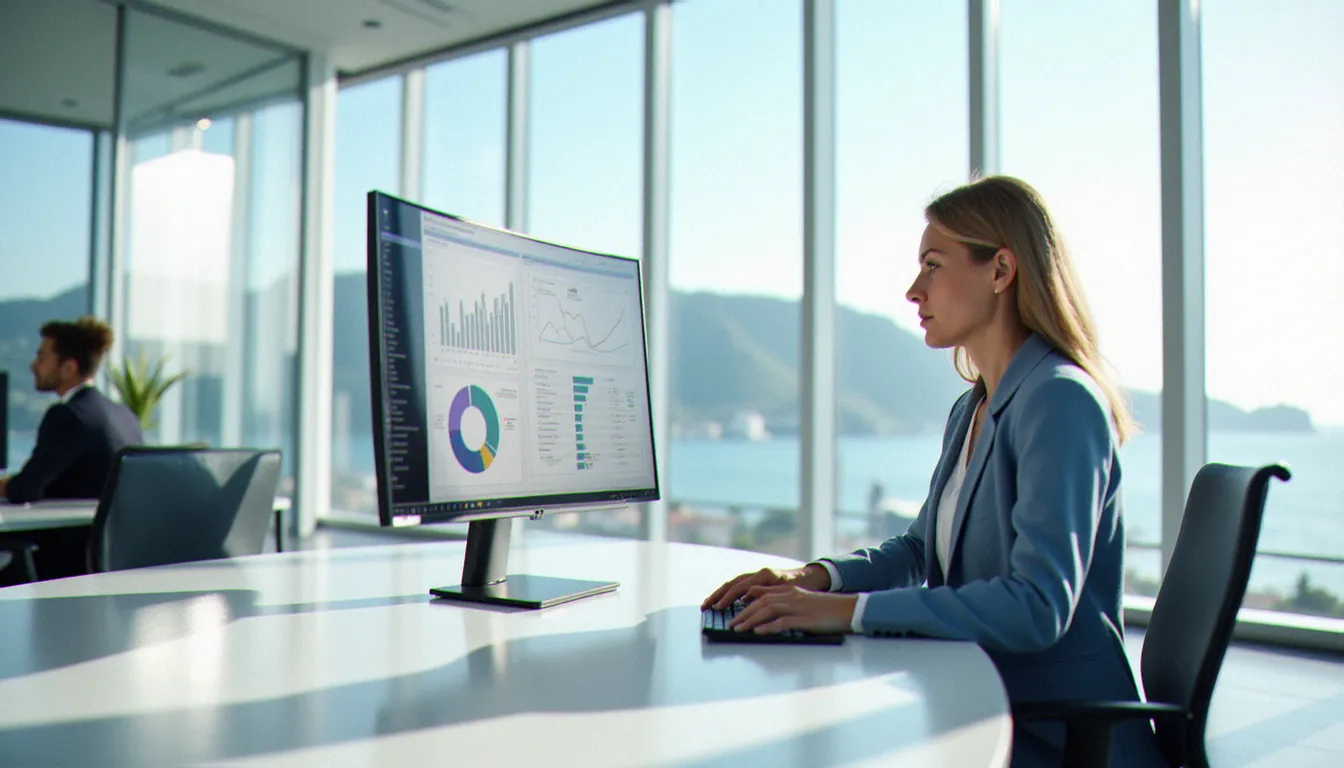 Espace de travail moderne avec vue sur la côte basque, professionnel analysant des indicateurs de pilotage sur écran pour la gestion d'une structure à Saint Jean de Luz