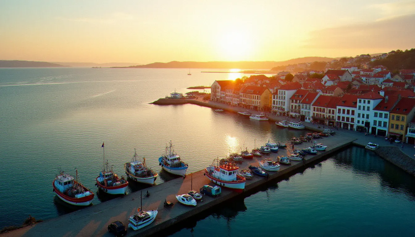 Vue aérienne du port et de la baie de Saint Jean de Luz au coucher du soleil avec ses bateaux de pêche basques et ses façades colorées en bord de mer