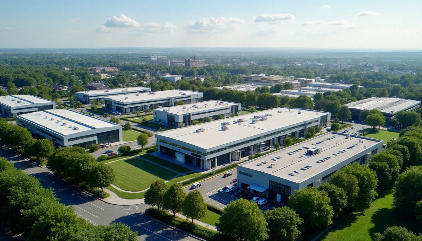 Vue aérienne du tissu économique mixte de Schiltigheim avec ses zones d'activité, immeubles de bureaux et espaces commerciaux proches de Strasbourg sous un ciel dégagé