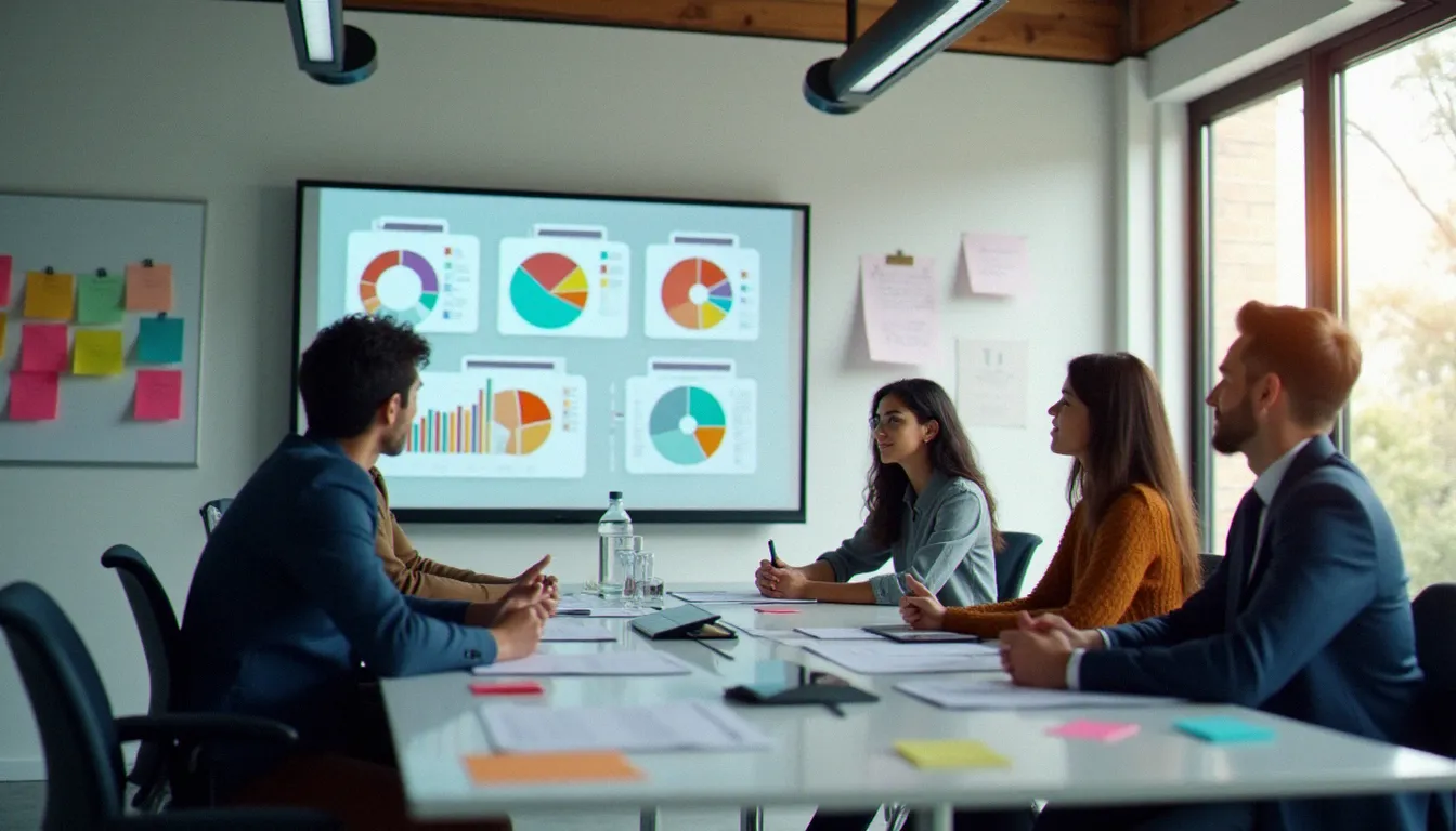 Équipe de PME alsacienne en session de travail structurée autour d'un tableau de bord de suivi projeté, avec notes organisées et documents de process dans une salle de réunion lumineuse