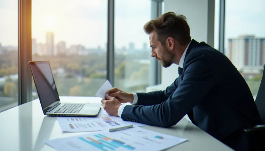 Consultant en gestion d'entreprise analysant des documents de