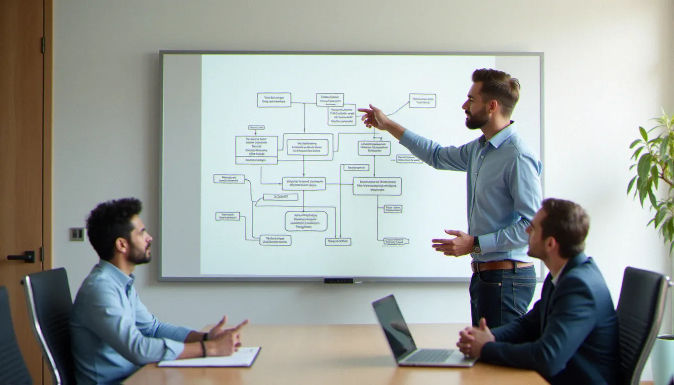 Un consultant en gestion présentant une cartographie de processus à deux managers dans une salle de réunion professionnelle, illustrant la méthode d'optimisation organisationnelle
