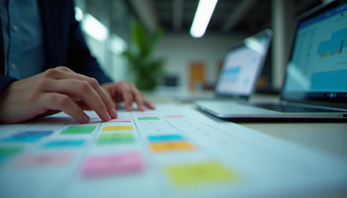 Mains d'un professionnel organisant un plan d'action structuré sur un bureau avec tableau de bord numérique, illustrant la structuration des processus et le pilotage organisationnel en entreprise