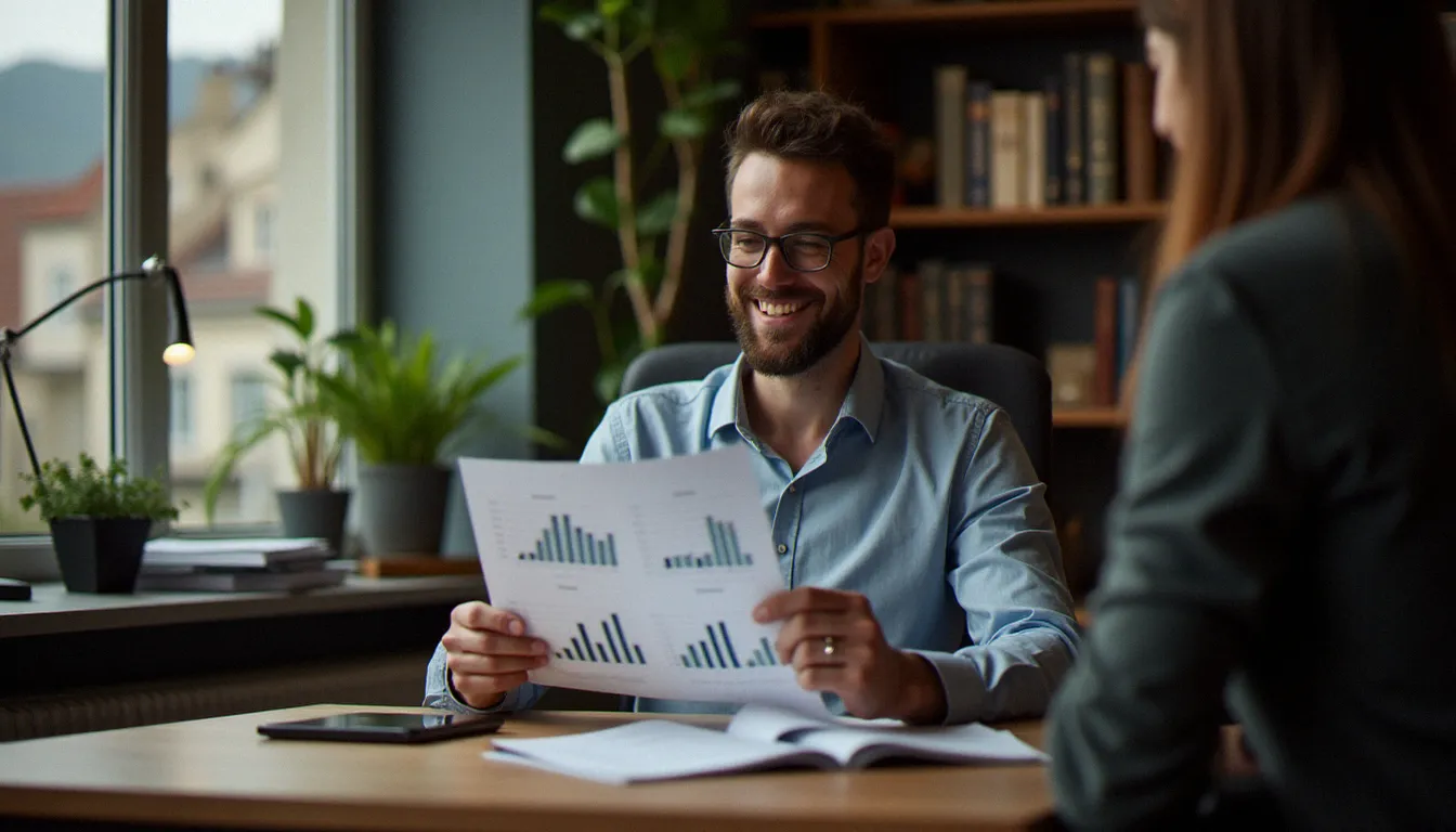 Dirigeant d'entreprise analysant sereinement un rapport de retour sur investissement après une mission d'externalisation organisationnelle réussie