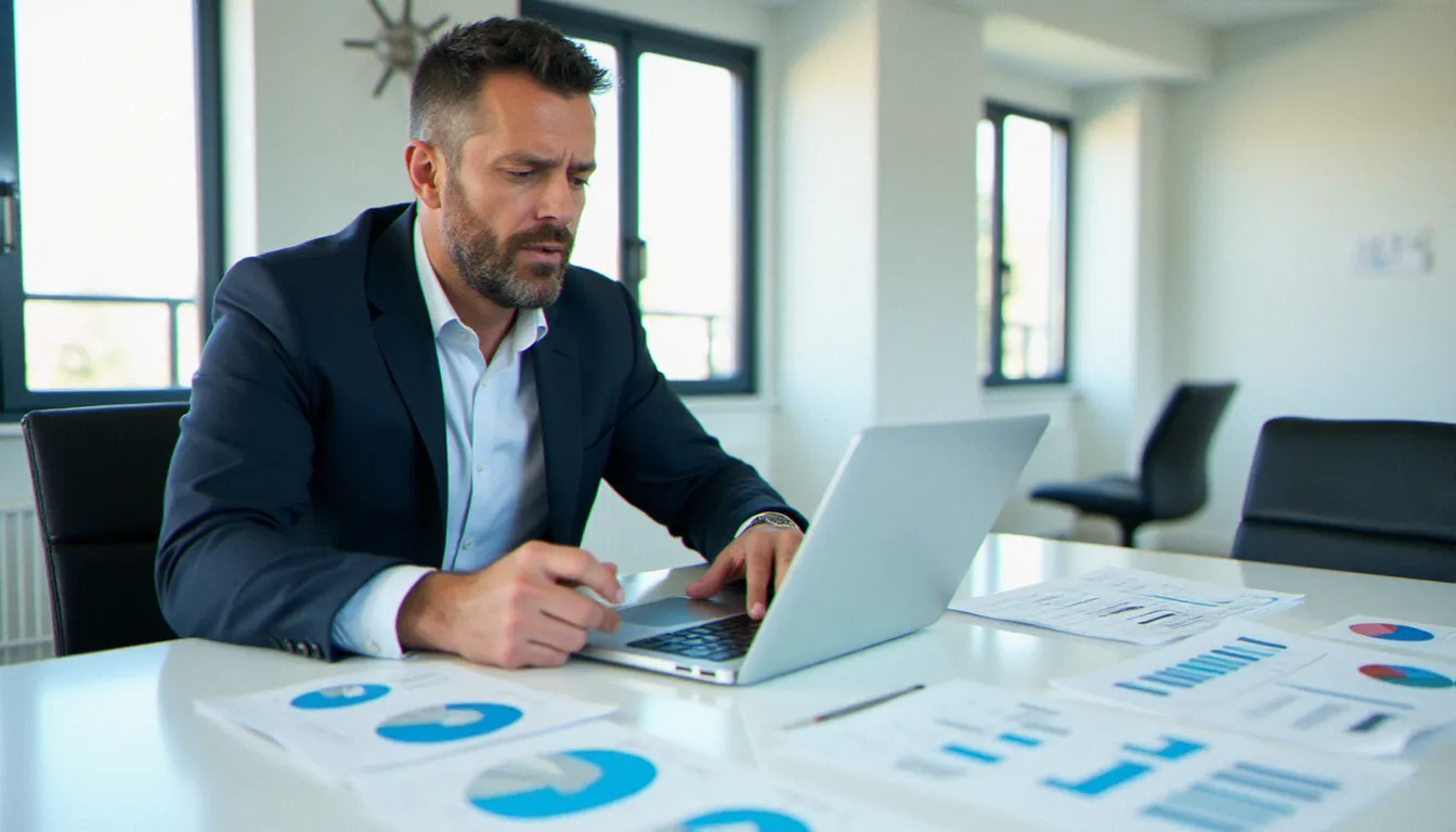 Consultant en gestion examinant des documents d'organisation dans une salle de réunion professionnelle, illustrant les missions de conseil à Soissons