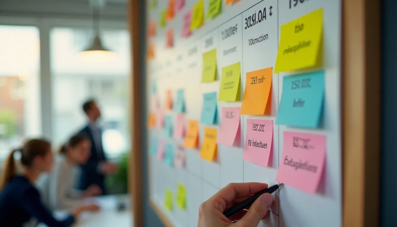 Calendrier fiscal avec échéances de taxe marquées par des étiquettes colorées dans un bureau d'entreprise française