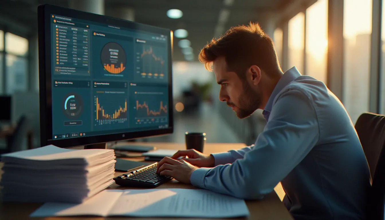 Un responsable financier analyse des alertes de retard de paiement de taxe sur un tableau de bord numérique dans son bureau moderne