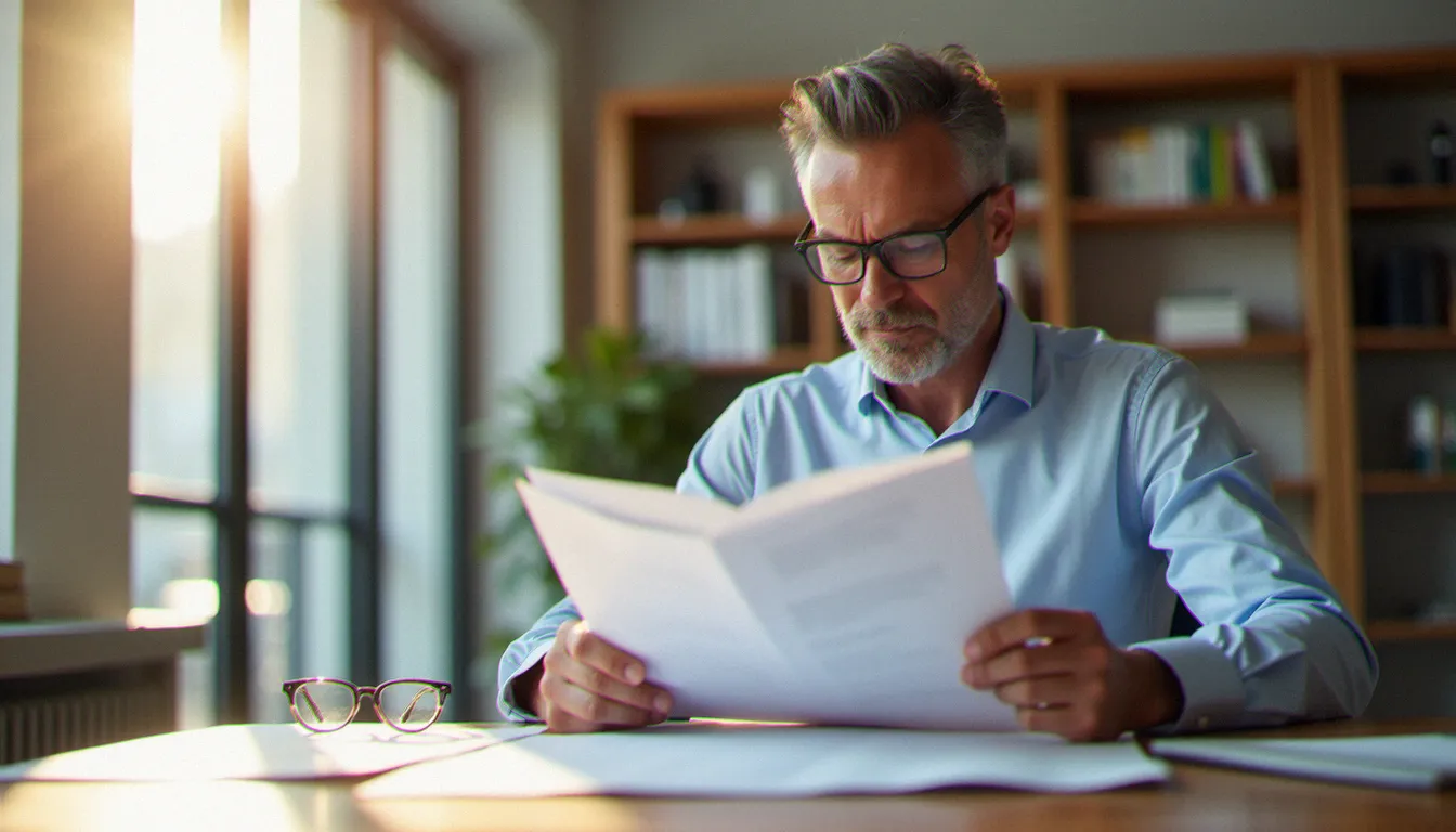 Un consultant immobilier analysant des avis gestion locative et des rapports de gestion sur un bureau professionnel à Montpellier