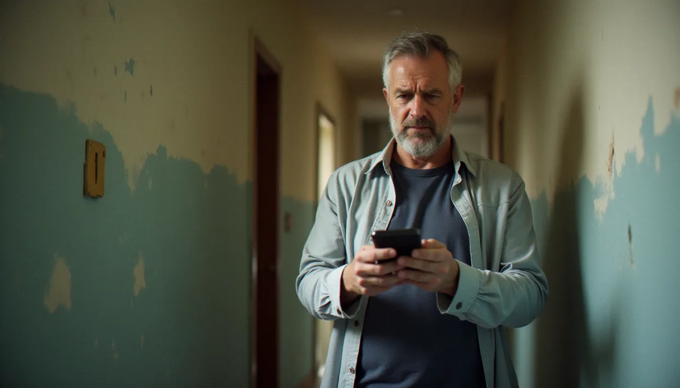 Propriétaire bailleur dans un couloir d'immeuble tenant un téléphone sans réponse, illustrant les difficultés de communication identifiées dans les avis gestion locative Foncia