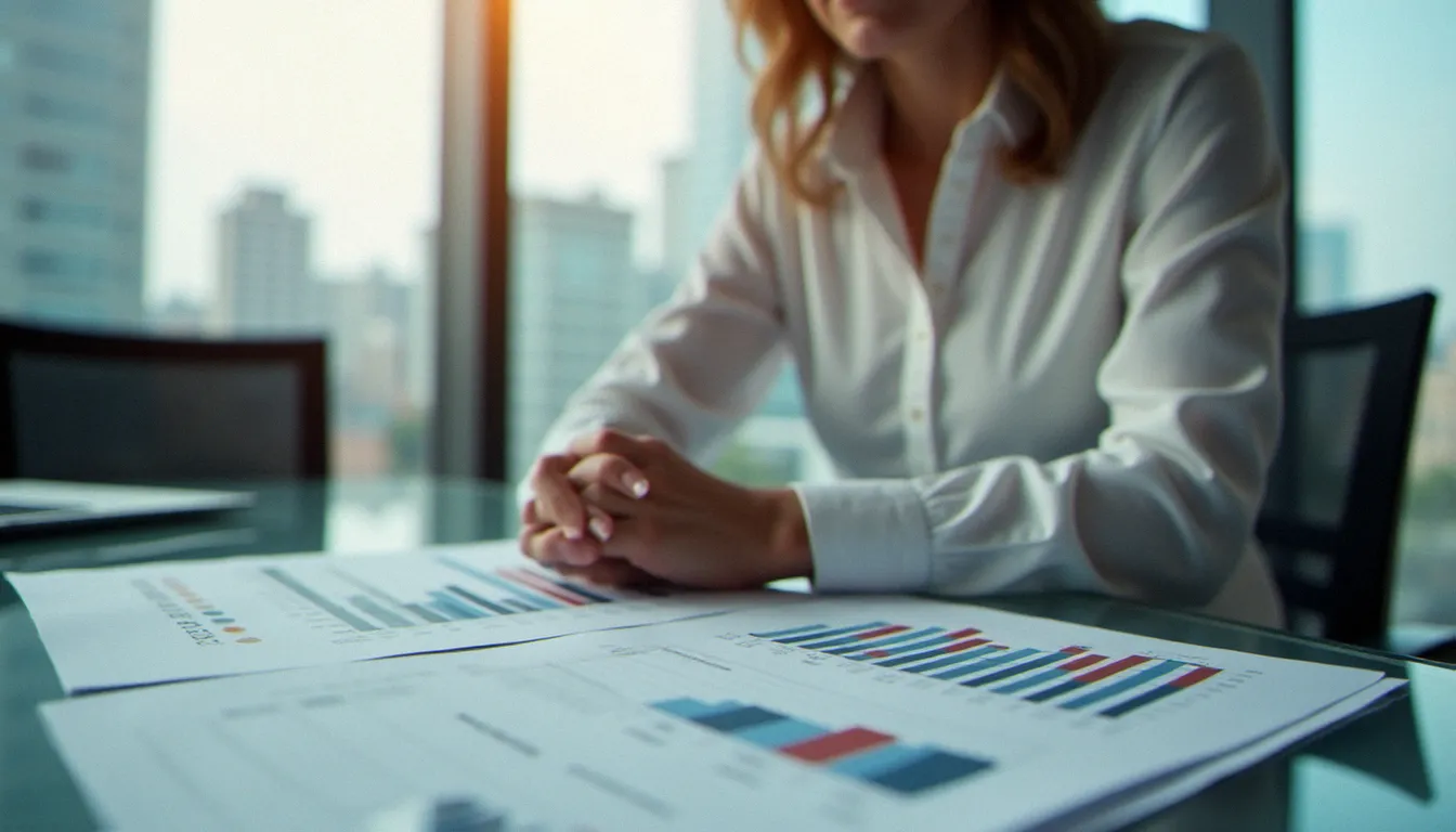 Professionnelle évaluant les points forts et limites d'une gestion pilotée en comparant des rapports financiers détaillés dans une salle de réunion contemporaine