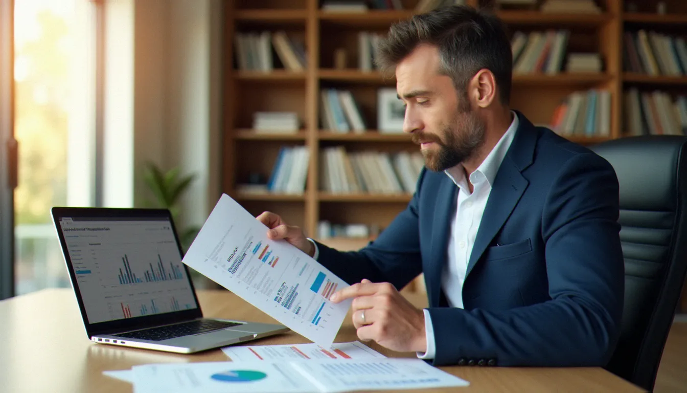 Consultant financier analysant les performances d'une gestion pilotée Linxea sur un ordinateur portable dans un bureau professionnel lumineux