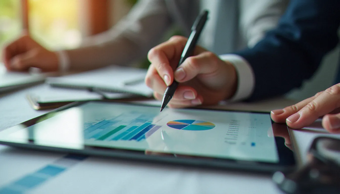 Conseiller financier détaillant la répartition d'un portefeuille en gestion profilée PEA sur une tablette numérique posée sur un bureau professionnel
