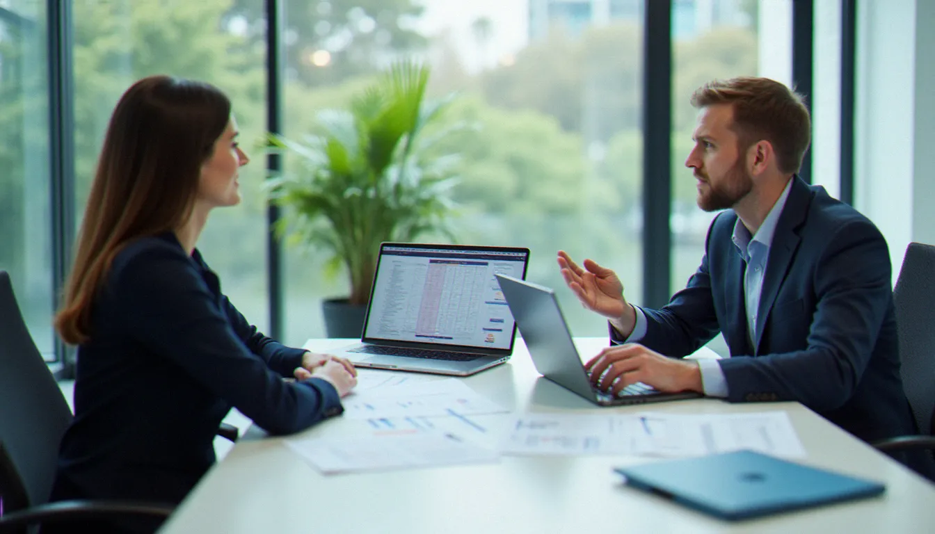 Deux professionnels comparant les frais de différentes solutions de gestion PEA lors d'un entretien de conseil patrimonial en salle de réunion