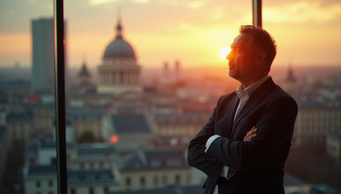 Investisseur particulier réfléchissant à une alternative à la gestion sous mandat BNP avec vue sur une ville française