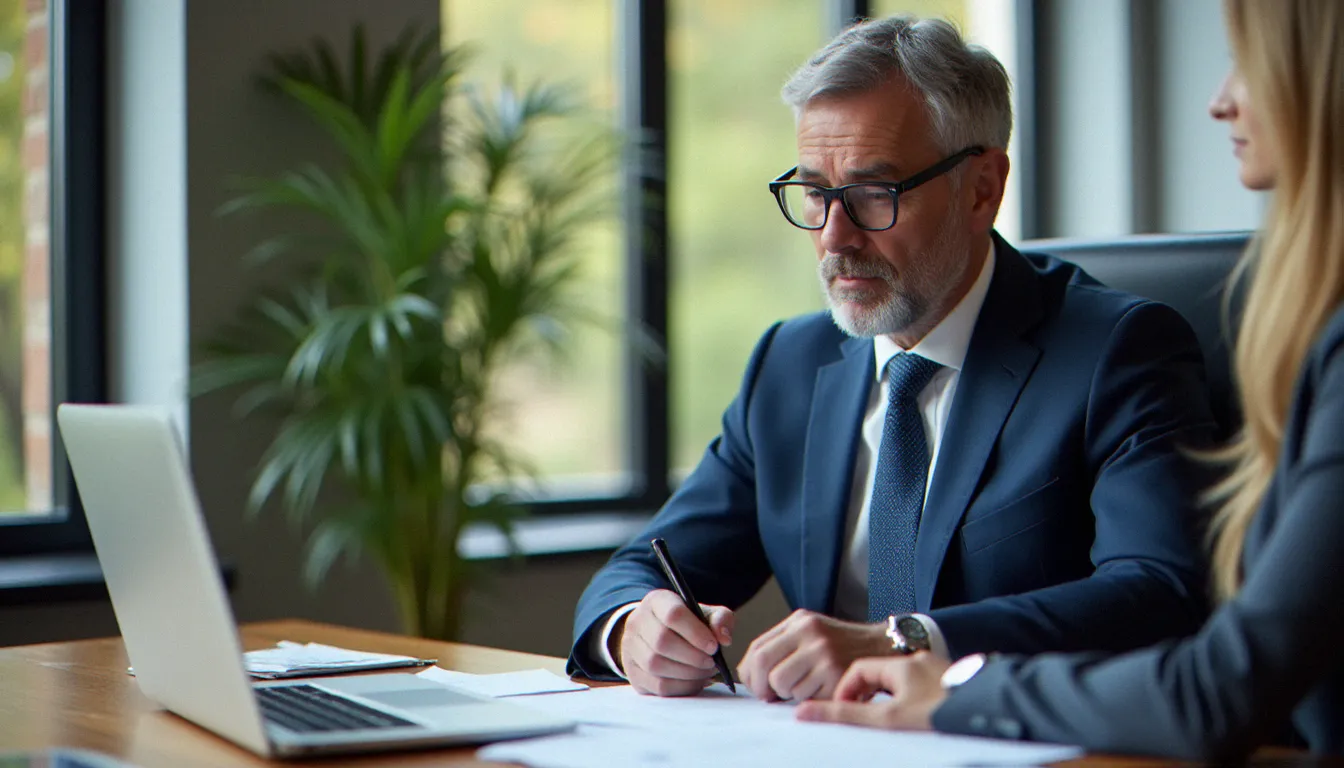 Consultant en gestion patrimoniale analysant des documents de gestion sous mandat BNP avec un client dans un bureau professionnel