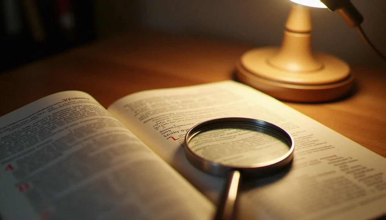 Dictionnaire français ouvert avec loupe posée sur les règles d'accentuation, représentant la recherche orthographique sur la règle du mot gestion sans accent