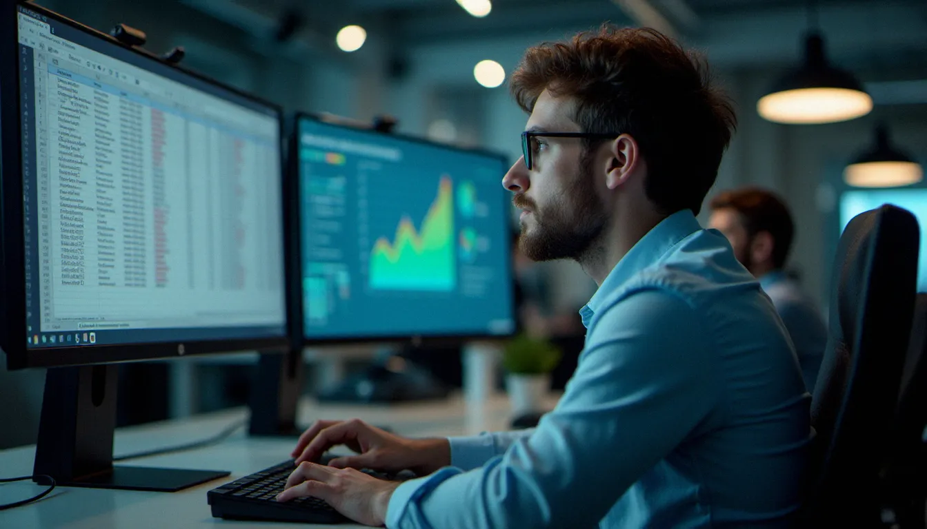 Professionnel concentré devant deux écrans affichant des interfaces de base de données en français, illustrant la problématique des accents dans les logiciels de gestion d'entreprise