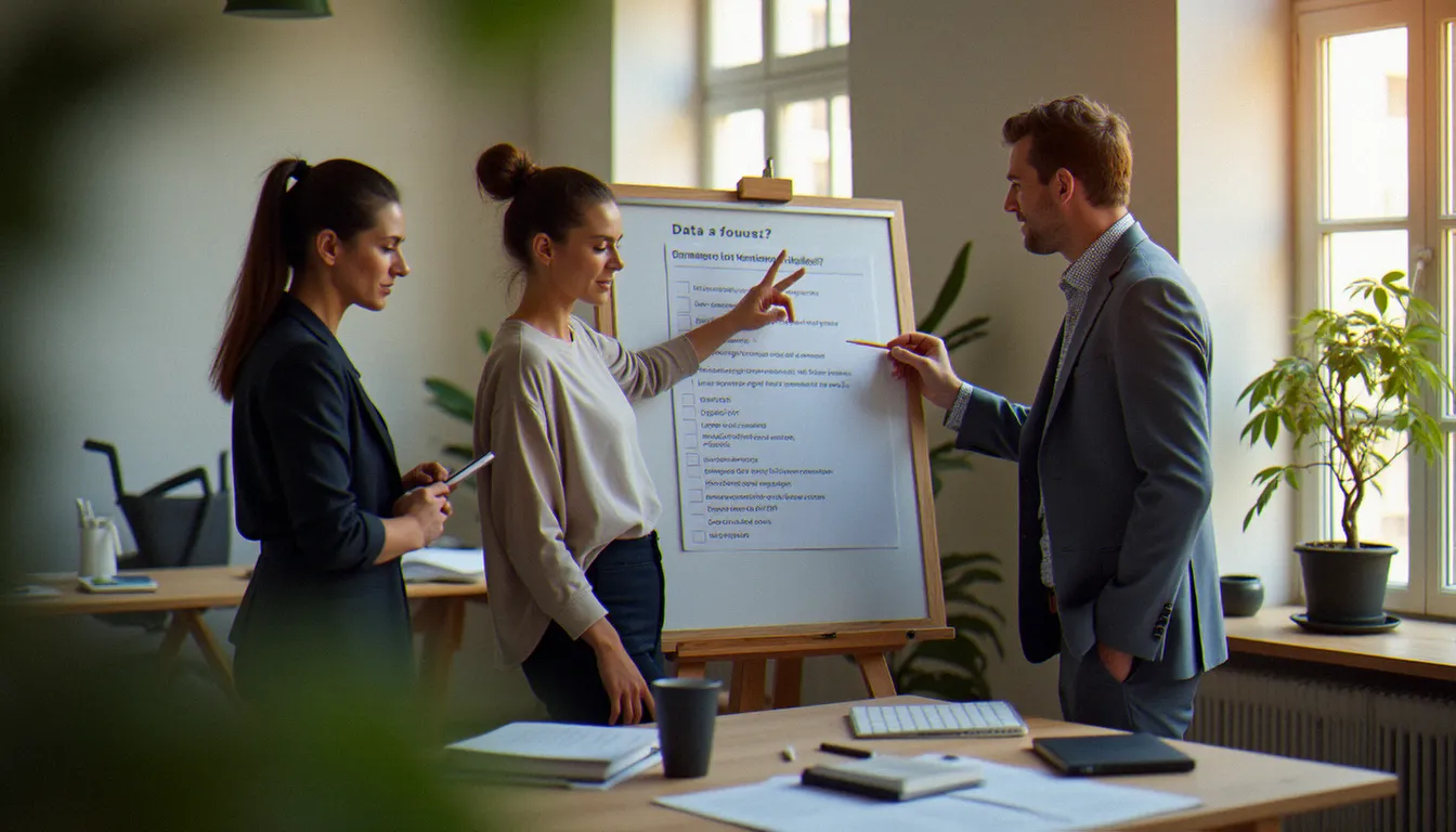 Équipe administrative collaborant autour d'une charte de saisie de données pour standardiser la gestion des accents dans les documents et outils de l'organisation