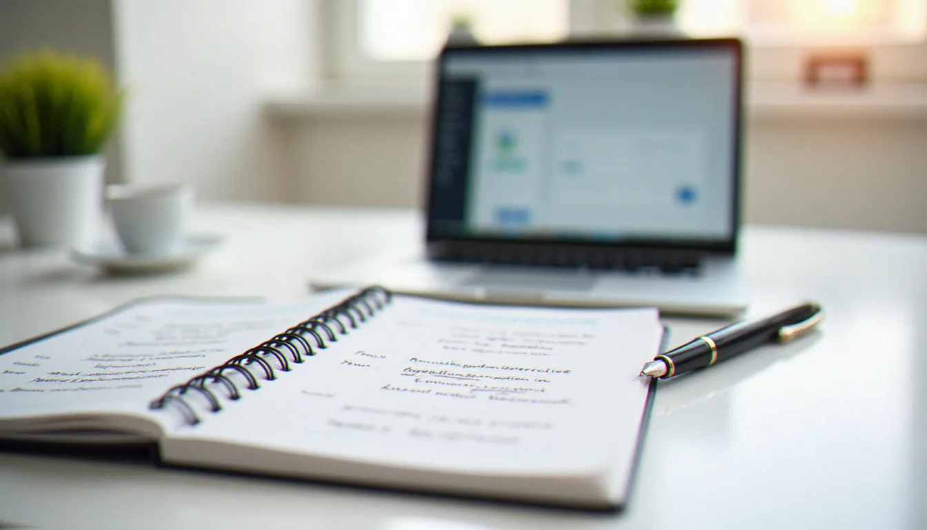 Bureau professionnel avec carnet de vocabulaire administratif français ouvert et stylo, illustrant la rigueur orthographique dans la gestion avec ou sans accent des documents d'entreprise