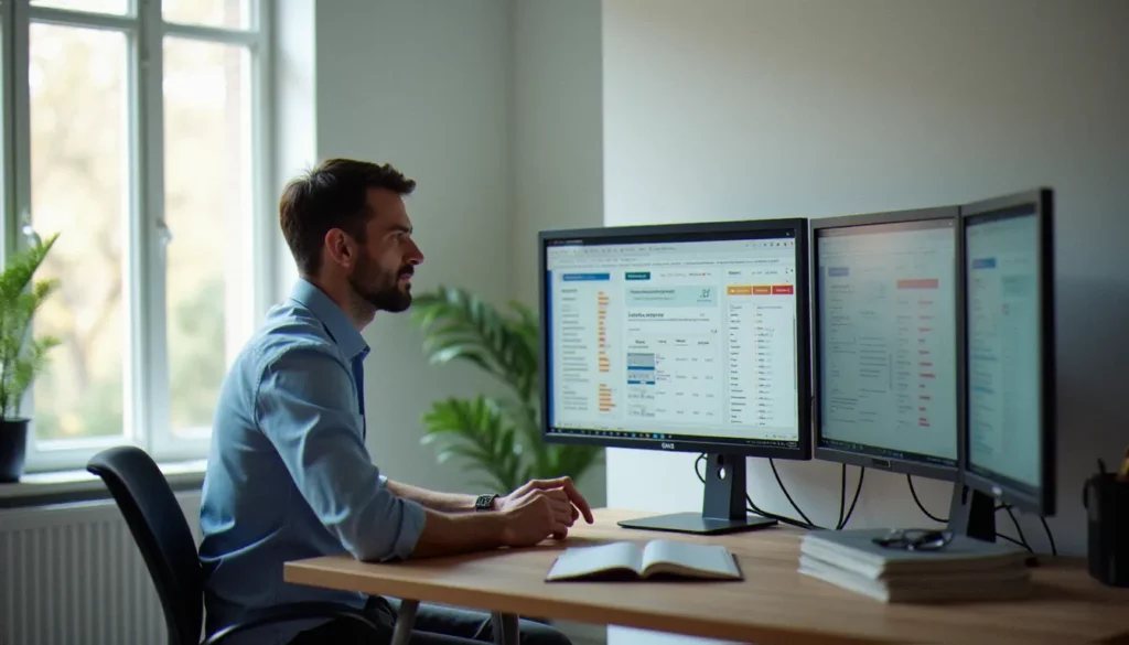 Consultant en gestion analysant des données avec ou sans accent sur écran d'ordinateur dans un bureau professionnel épuré à Montpellier