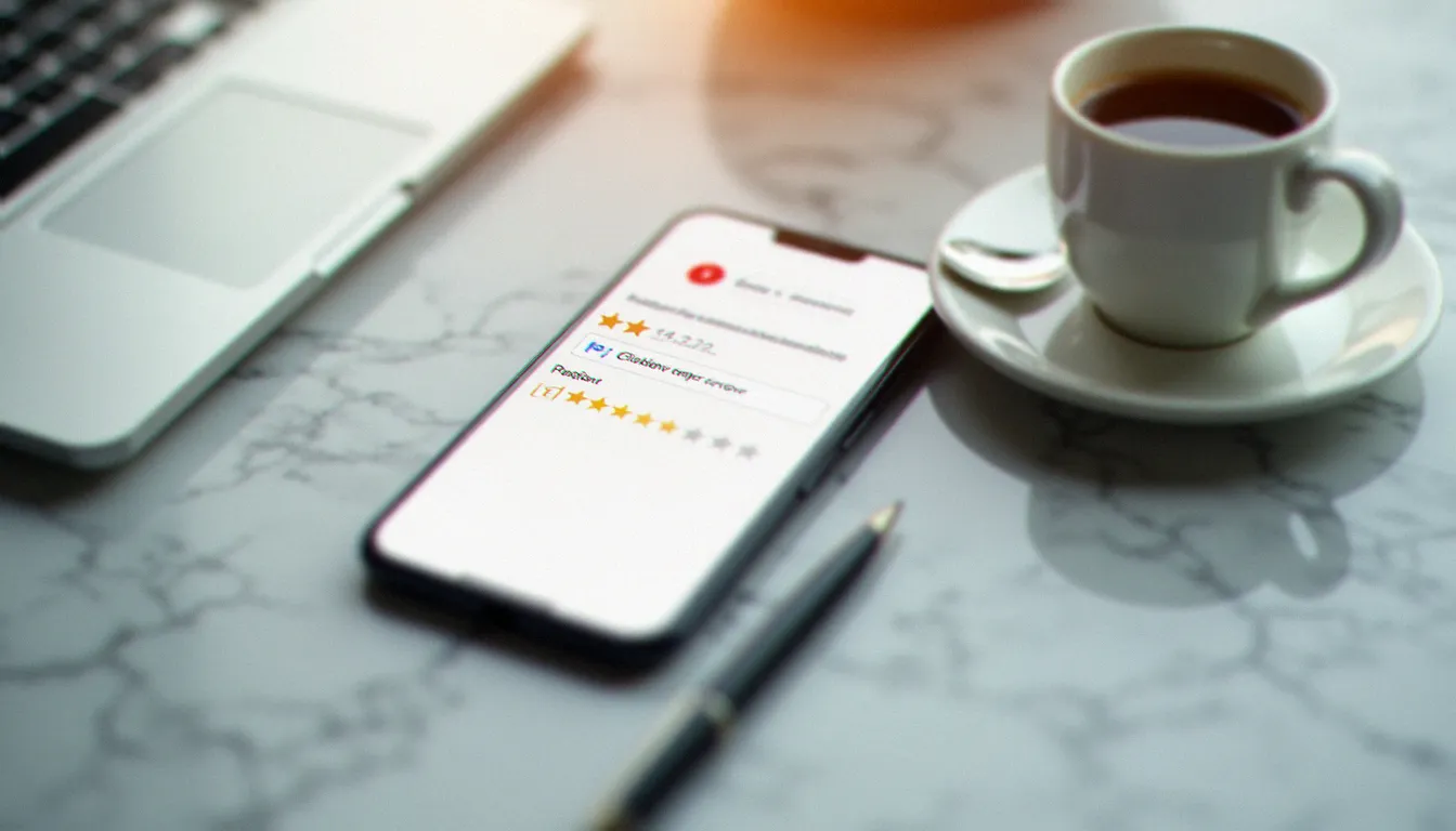 Smartphone affichant un avis négatif sur Google Business Profile posé sur un bureau, représentant l'impact d'un avis en ligne non traité sur la réputation d'une entreprise