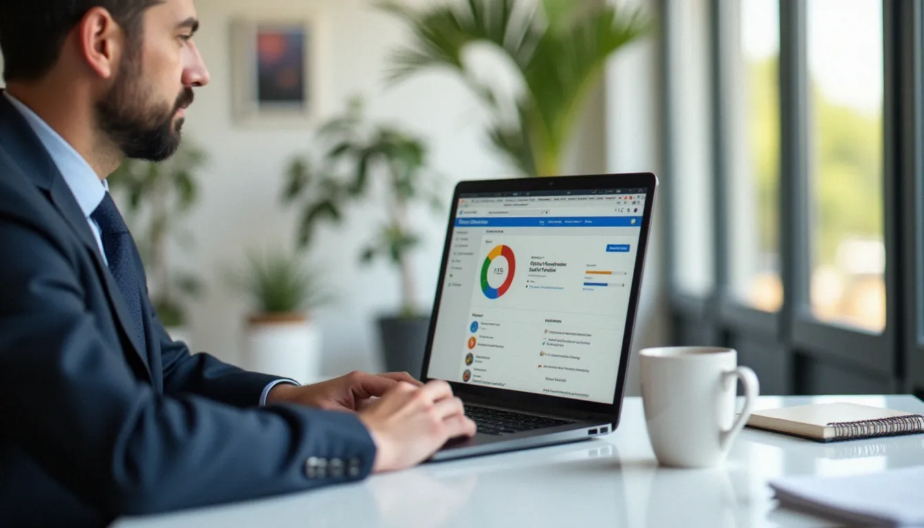 Consultant en gestion consultant les avis Google sur son ordinateur portable dans un bureau moderne, illustrant la gestion des avis Google au quotidien
