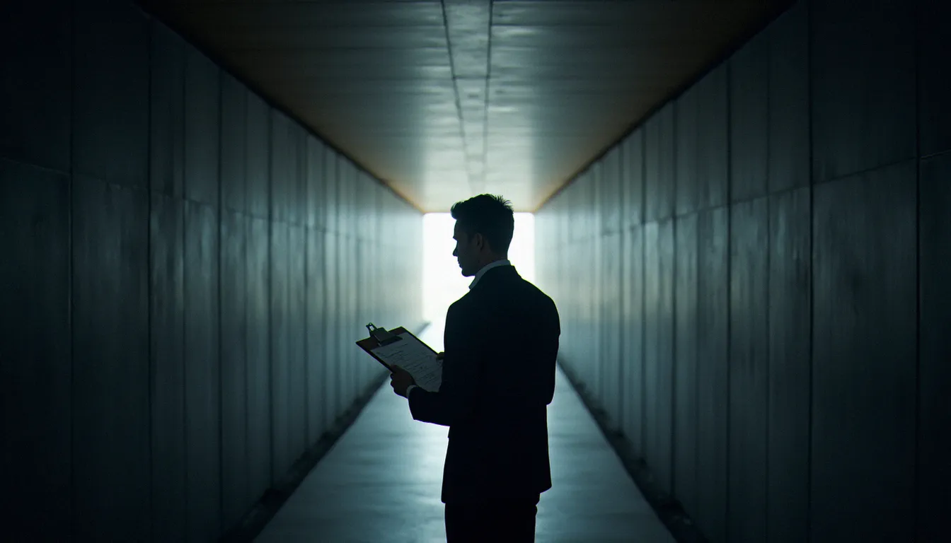 Chef de projet observant un long couloir sombre symbolisant l'effet tunnel en gestion de projet, avec un planning visible