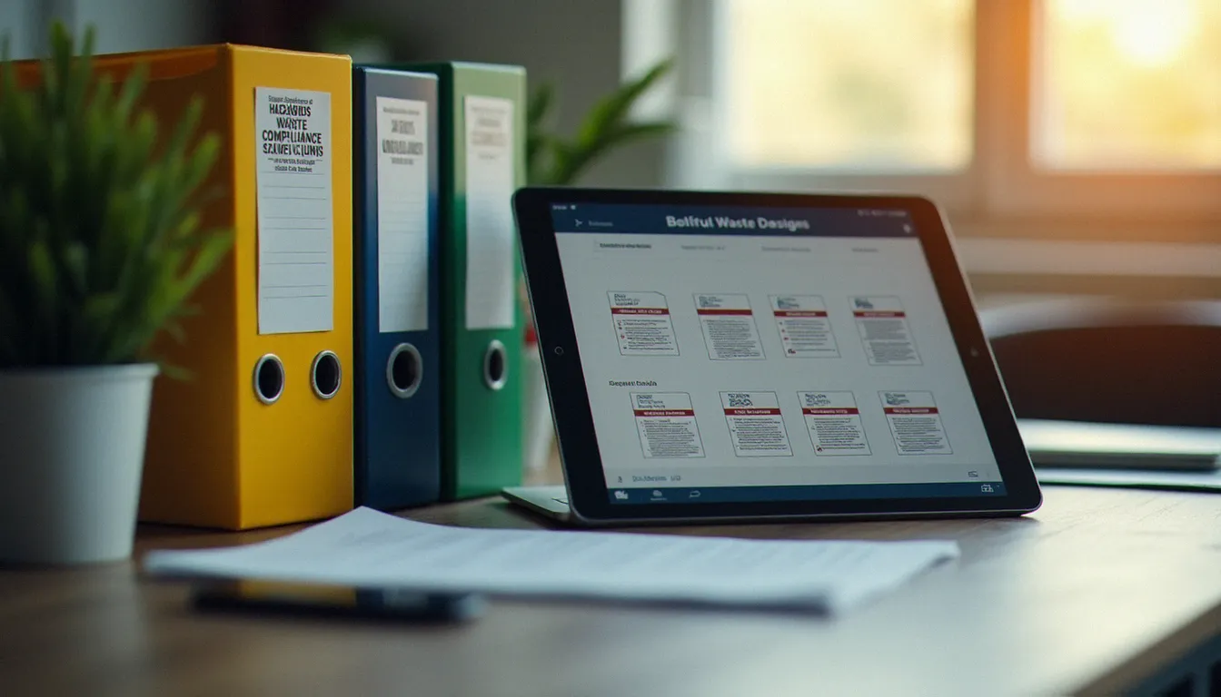 Bureau ordonné avec des classeurs de suivi des déchets dangereux archivés par catégorie et une tablette affichant une interface de gestion documentaire PDF