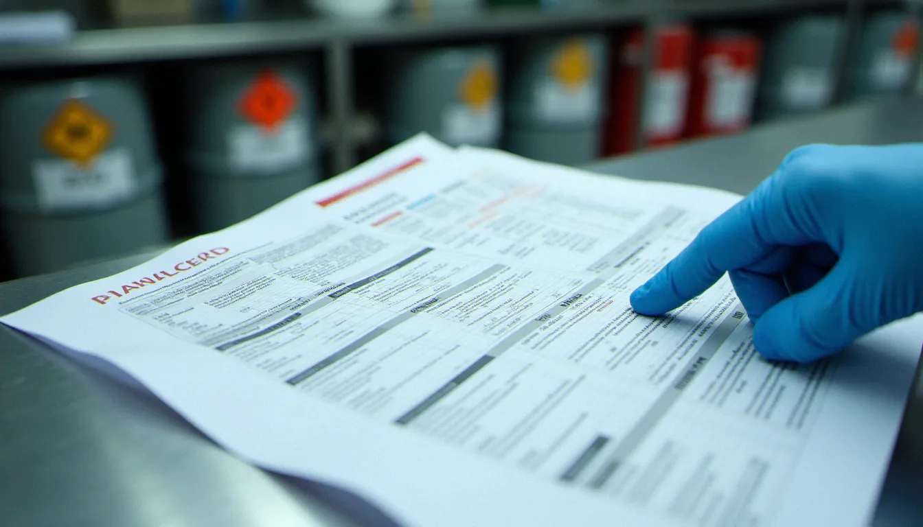 Classification des déchets dangereux sur fiche de données de sécurité posée sur un établi industriel, avec pictogrammes de danger sur des fûts en arrière-plan