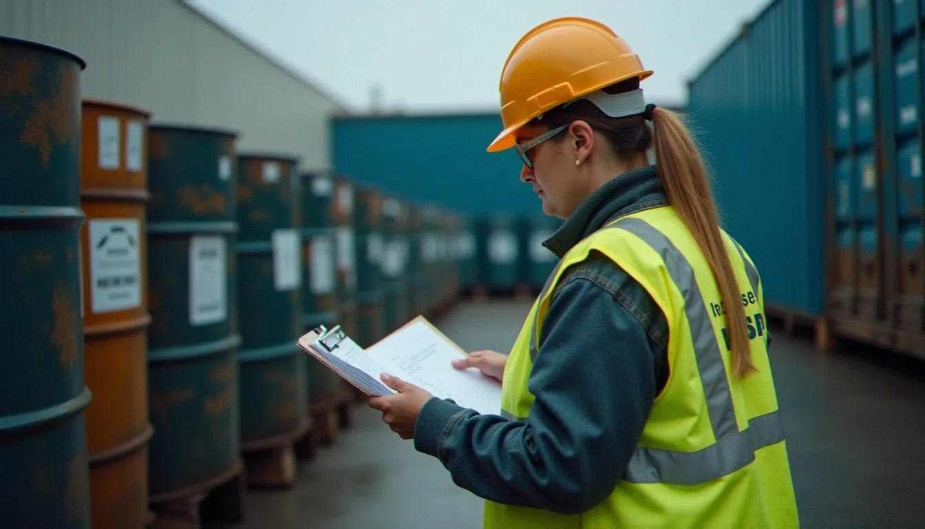 Responsable conformité environnementale contrôlant des fûts de déchets dangereux correctement étiquetés dans une zone de stockage industrielle lors d'une inspection réglementaire
