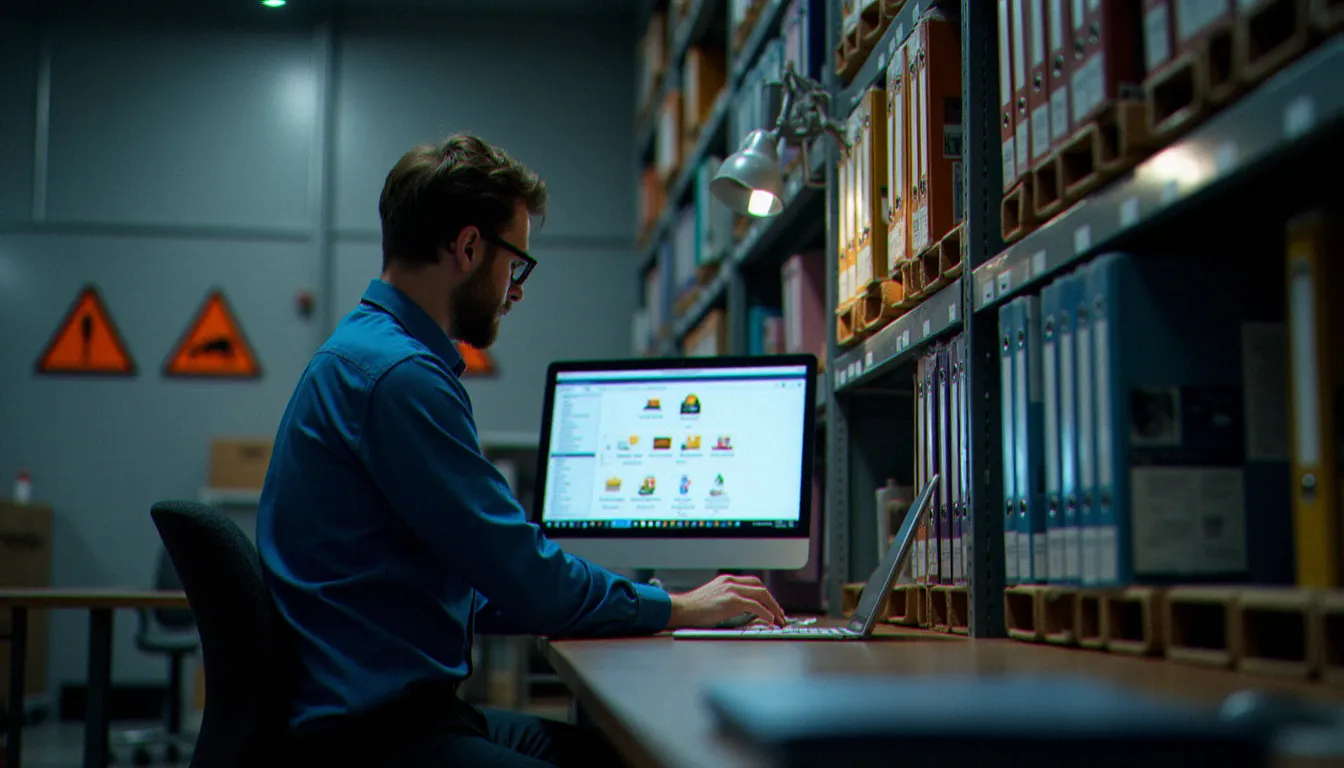 Système d'archivage documentaire PDF pour la gestion des déchets dangereux dans une salle de conformité industrielle avec logiciel de GED affiché à l'écran
