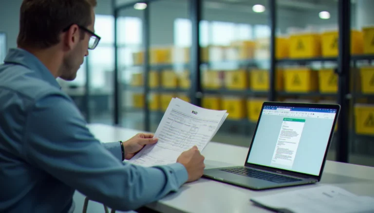 Consultant consultant les documents de gestion des déchets dangereux PDF sur un bureau organisé avec des bacs de stockage de déchets dangereux visibles en arrière-plan