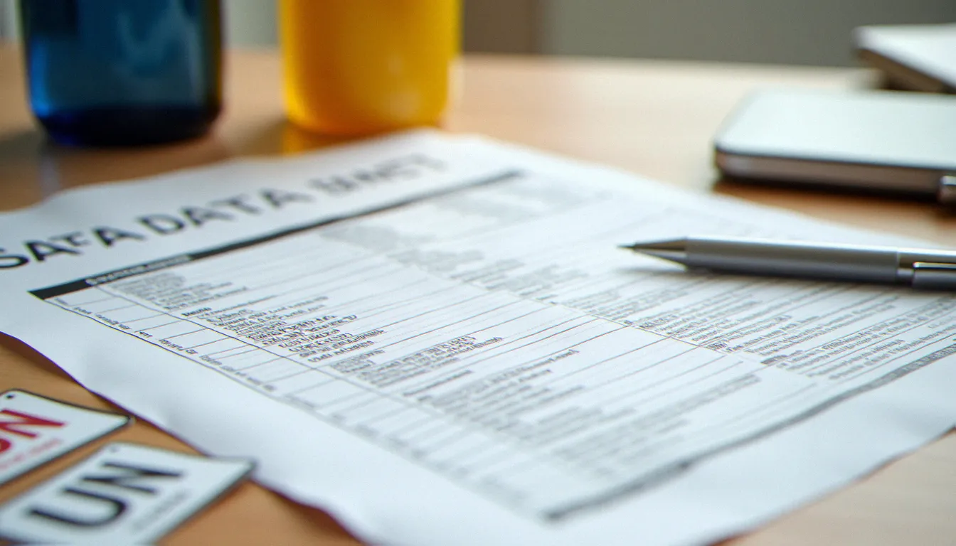 Fiche de données de sécurité et étiquettes de classification des marchandises dangereuses sur un bureau de responsable logistique