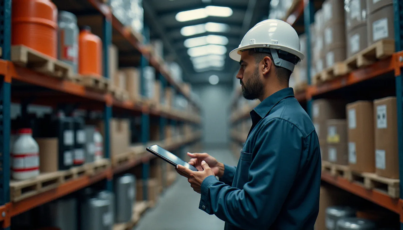 Responsable logistique utilisant un logiciel de gestion numérique pour le suivi des marchandises dangereuses en entrepôt